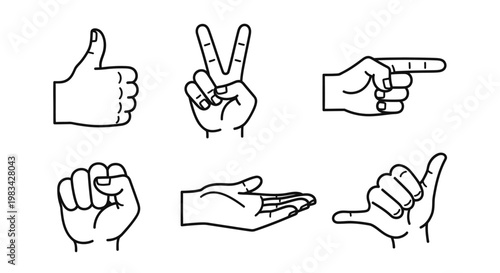 Various line art hand gestures featuring thumbs up, peace sign, pointing, and clenched fist, on isolated white background, communication concept.