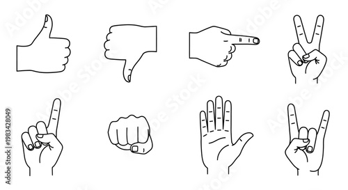 Comprehensive collection of black and white line art hand gestures including thumbs up, thumbs down, pointing, peace, fist, and rock on, in bright studio.