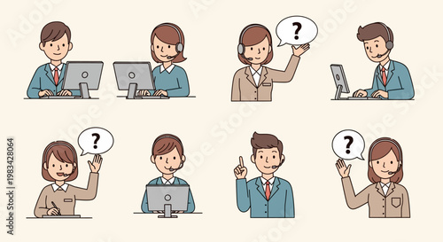 Diverse group of customer service representatives with headsets, working on computers and showing various expressions like questioning and getting ideas, in a bright studio setting.