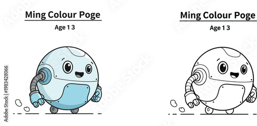 Cute Round Spherical Robot Character Illustration with Coloring Page Version, Kawaii Droid Mascot for Kids Early Learning and Preschool Education Activities Vector Graphic Background
