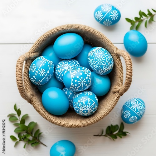Festive Easter Basket Filled with Beautifully Decorated Blue Eggs.