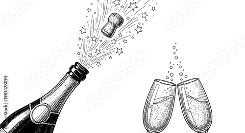 Festive champagne bottle popping with cork and sparkling bubbles, clinking glasses, on isolated white background, new year celebration concept.