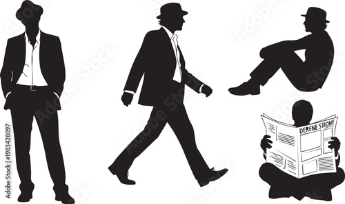 Three black silhouette businessmen walking with briefcases and a box black silhouettes
