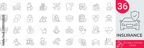 Insurance Icon Set Health, Life, Car, Home, Business, Medical, Travel, Finance, Protection & Safety. Professional Line Art, Editable Stroke