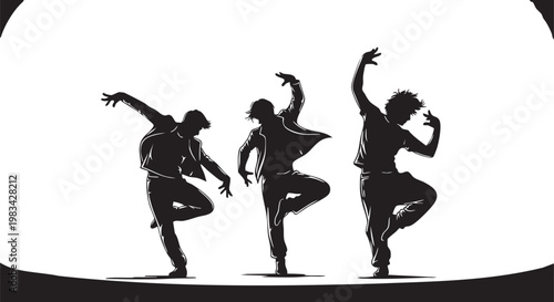 Three black silhouetted dancers in mid movement against white background black silhouettes