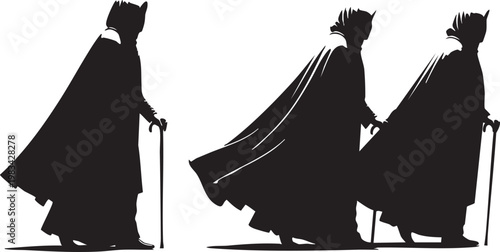 Three faceless black silhouetted figures walking in a row on white background faceless figures