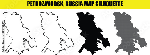 Petrozavodsk russia map silhouette bundle including stroke solid and halftone dot graphics for mapping and design.