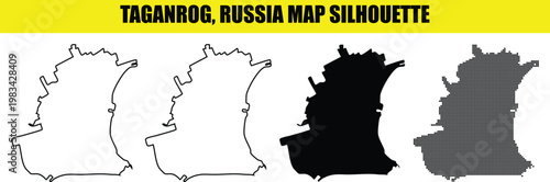 Taganrog russia map silhouette pack featuring linear black solid and halftone dot vector designs for cartography.