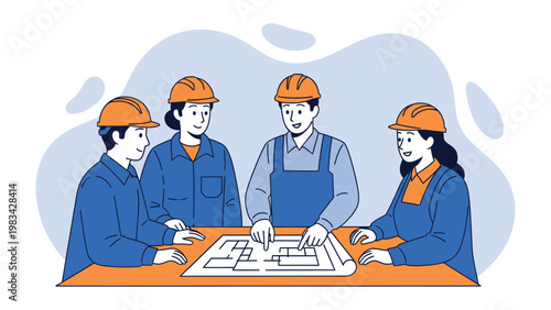 Construction Team Meeting: A construction team intently reviews blueprints at a table, their focused collaboration a testament to meticulous planning and shared expertise. 