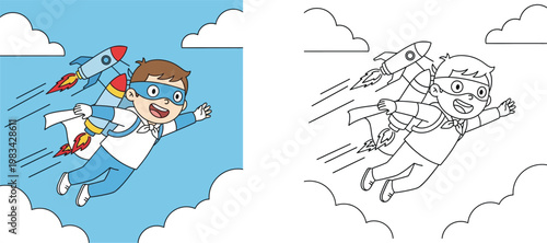 Happy Superhero Boy Flying with Jetpack in the Sky Illustration with Line Art Version for Coloring Book, Child Playing and Imagining Adventure in the Clouds Vector Background