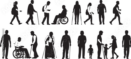 Twelve black and white silhouette figures in various walking poses and activities silhouettes