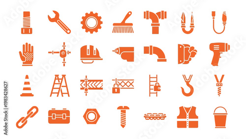 Construction Tools Icon Set: A comprehensive collection of construction tool icons, meticulously designed in a monochromatic orange palette, capturing the essence of construction and industrial work.