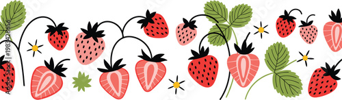 Vector illustration of strawberries with leaves and flowers, perfect for fresh fruit and nature-themed designs."