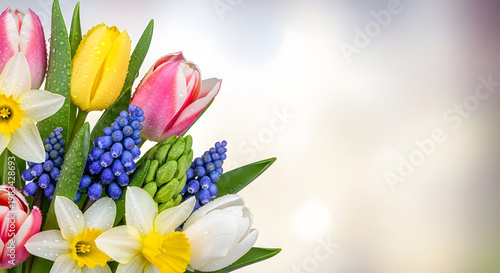 Fresh spring bouquet of colorful tulips and daffodils with dew drops on light background.