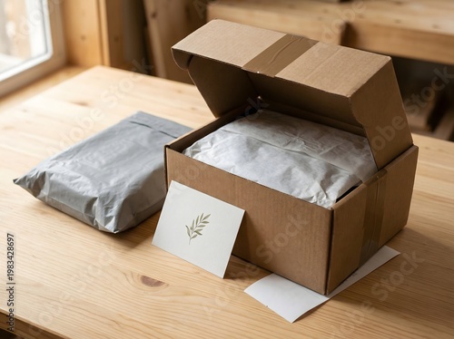 Opened cardboard box with packaged items and a thank you card