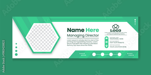 Modern green corporate email signature template with geometric hex frame and abstract diagonal stripes for professional business networking and digital brand identity communication purposes.