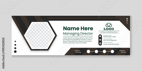 Professional dark brown and white corporate email signature design featuring abstract geometric patterns and contact details for business communication and digital branding identity templates.