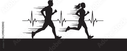 Two black silhouetted runners on dark background with red heartbeat lines jogging exercise