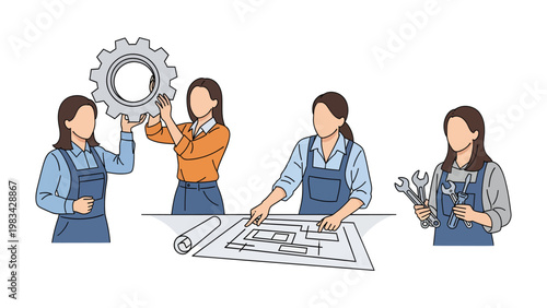 Engineering Collaboration: Depicting a team of female engineers at work, showcasing their expertise with blueprints, tools, and gears.