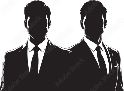 Two faceless men in black suits white shirts standing side by side silhouettes faceless figures