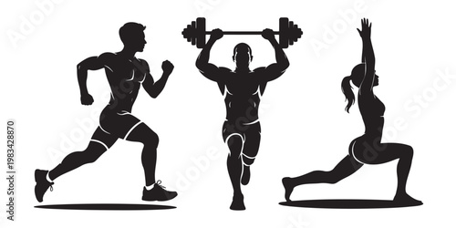 Silhouettes of people exercising with weights and running