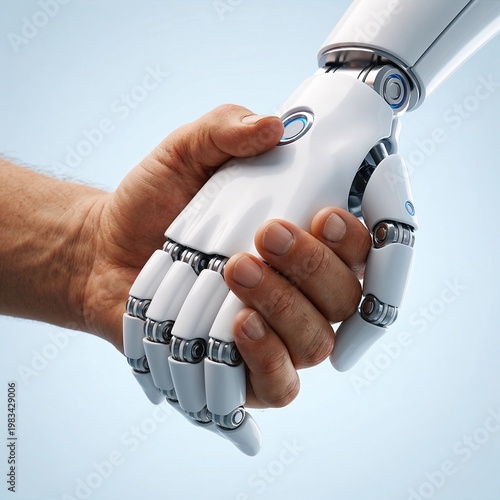 Human hand shaking robotic hand, hopeful collaboration, symbolizing trust between people and artificial intelligence, against a clean light blue background