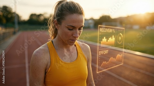 Female runner reviewing holographic effort and recovery metrics for outdoor athletic training and futuristic sports technology concept.
