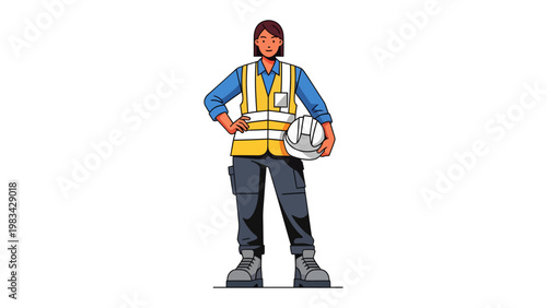 Confident Construction Worker: A determined construction worker stands tall, embodying strength and professionalism in her work attire, ready to tackle any project with expertise.