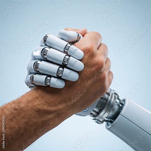 Human hand shaking robotic hand, hopeful collaboration, symbolizing trust between people and artificial intelligence, against a clean light blue background