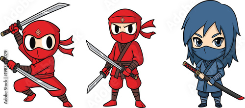 Cartoon Ninja Characters in Red and Blue Outfits, Posing with Swords in Action Stances for Fun and Dynamic Illustrations