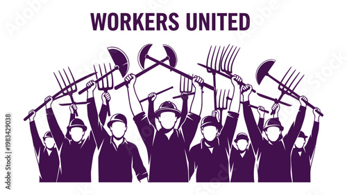 Solidarity in Action: Depicting a collective of determined workers, united in their cause, as they raise their tools high in a symbol of strength and solidarity. 