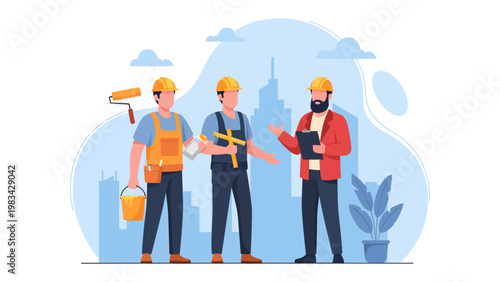 Construction Team Discussion: A construction team, composed of three workers, is engaged in a thoughtful discussion, likely strategizing and planning amidst the backdrop of an urban landscape.