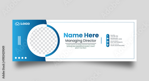 Blue gradient professional email signature banner design with curved geometric shapes and contact icons suitable for corporate branding and business communication for managing directors and staff.