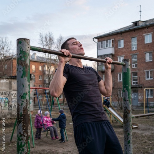 Athletic man doing pull-ups, determined effort, exercising on rusty playground bars, against urban residential buildings and children playing backdrop