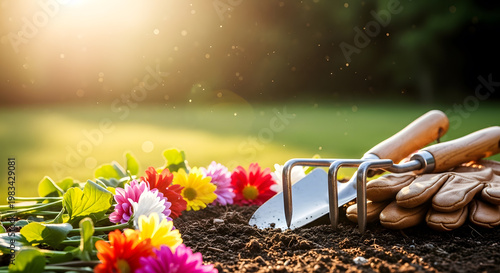 Gardening tools including trowel and gloves lying in soil next to colorful flowers.