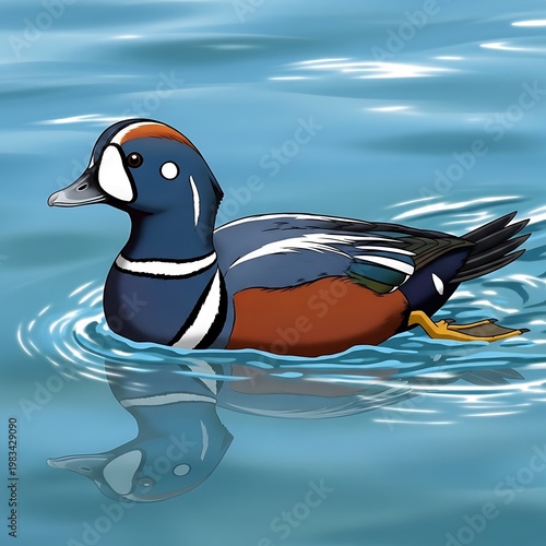 Harlequin Duck Illustration - A Colorful Aquatic Bird in Calm Waters.