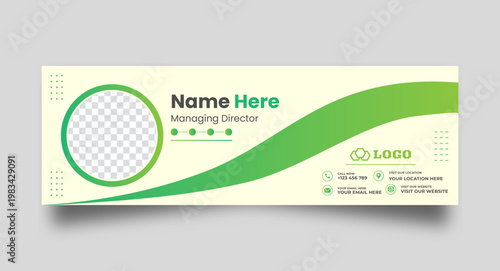 Professional email signature template with abstract green wave design and social media icons contact details for digital communication and branding.