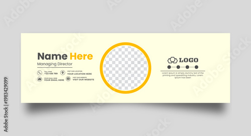 Yellow themed corporate email signature template with central profile image placeholder and clear contact details area for professional business branding and electronic communication needs.