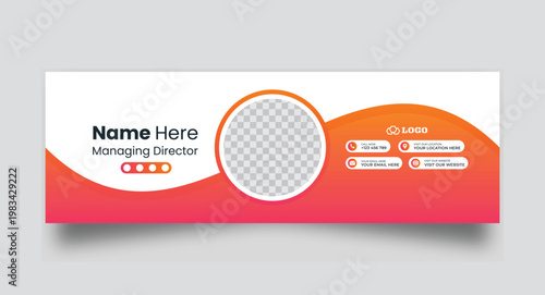 Vibrant gradient email signature design with profile photo placeholder name title business logo and contact details icons for marketing.