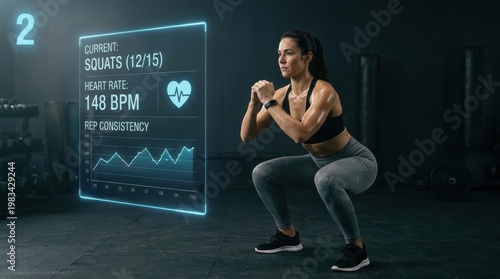 Athletic woman performing squats with holographic heart rate monitor for real-time biometric tracking and futuristic exercise technology concept.
