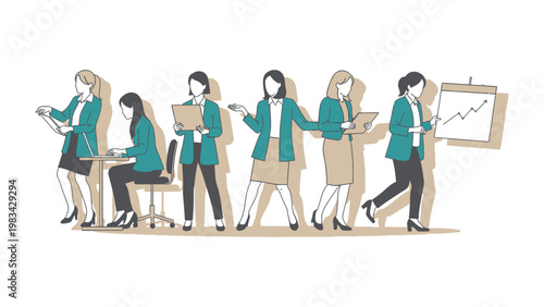 Businesswomen in Action: Illustrative representation of working women in the business world, showcasing dynamic stances and professional engagements. 