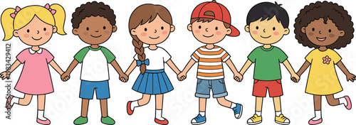 Diverse Kids Holding Hands Unity Friendship Children Cartoon Illustration Vector