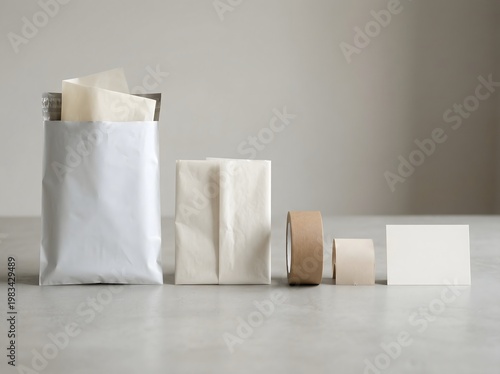 Stationery items arranged on a light gray surface still life