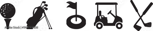 Set of black golf sports icons including ball on tee club bag cart and flag
