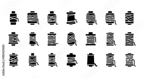 Black and white spool of thread icons, 20 thread spool graphics, sewing thread vector set, embroidery floss illustrations