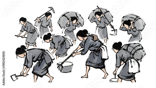 Ancient Laborers in Harmony: A collection of laborers working diligently, each contributing to a collective effort, set against a backdrop of tradition and culture.