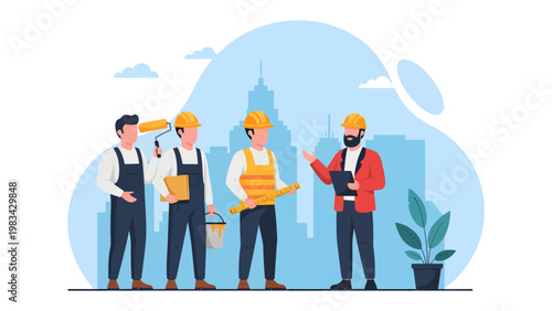 Team of Constructors Planning: A team of construction workers is meticulously planning, highlighting their dedication to building, collaborating with cityscape in the background.