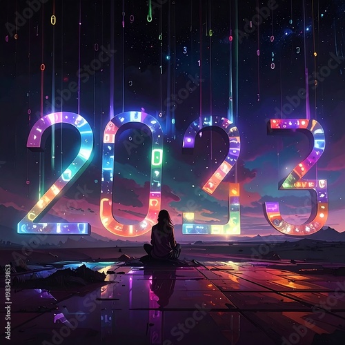 A person sitting on a reflective surface, looking at a neon-lit 2023 display