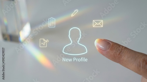 Human resources manager person creating touching glowing virtual new profile interface button for digital employee onboarding process and futuristic corporate talent acquisition advanced user account 