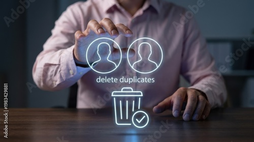 IT database administrator person organizing removing glowing holographic delete duplicates trash icon for digital database optimization management and advanced CRM data 